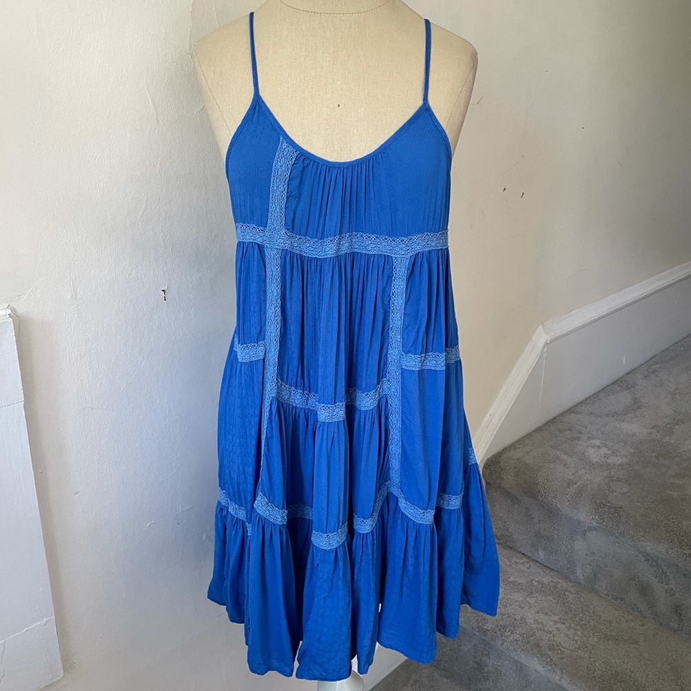 Free People Intimately Blue Crochet Accent Baby Doll Slip Mini Dress EUC Size XS